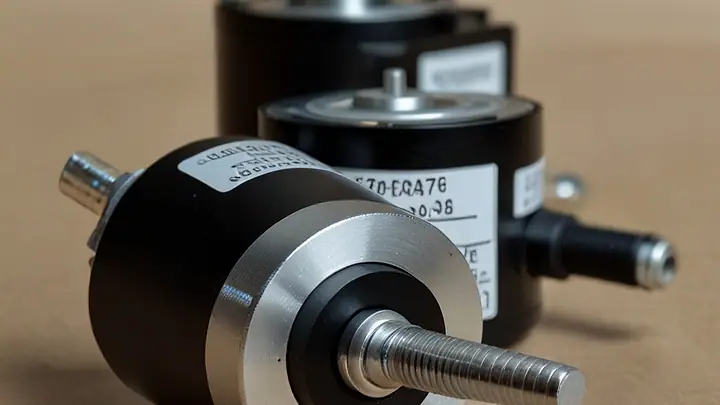 Encoders rotativos industriais com cabo, sobre fundo bege