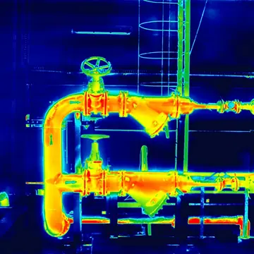Imagem térmica de uma tubulação com válvulas, em azul, amarelo e vermelho