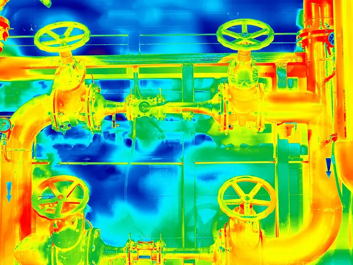 Imagem térmica de uma tubulação industrial com válvulas