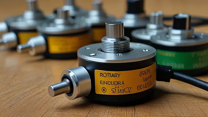 Três encoders rotativos industriais sobre uma bancada de madeira